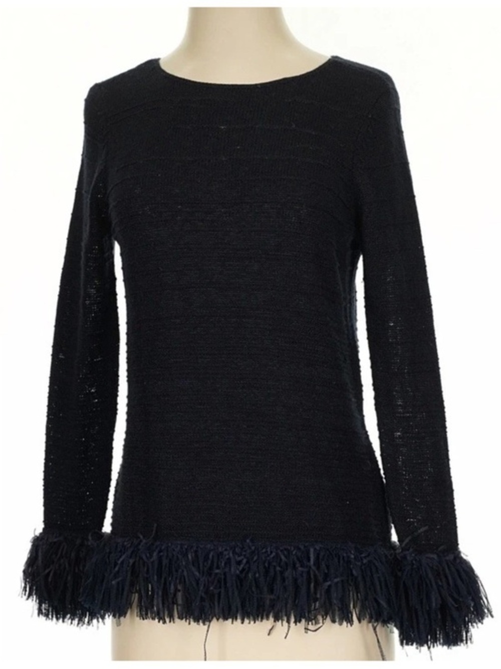 Nic and Zoe Small, Black Fringe Hem Long-Sleeve Women's Top